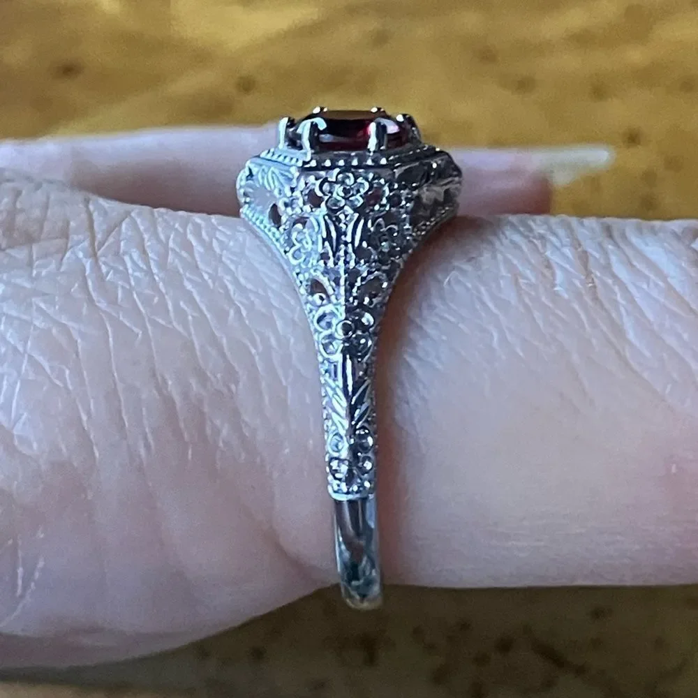 Natural Red Garnet Sterling Silver Art Deco Ring Size 9